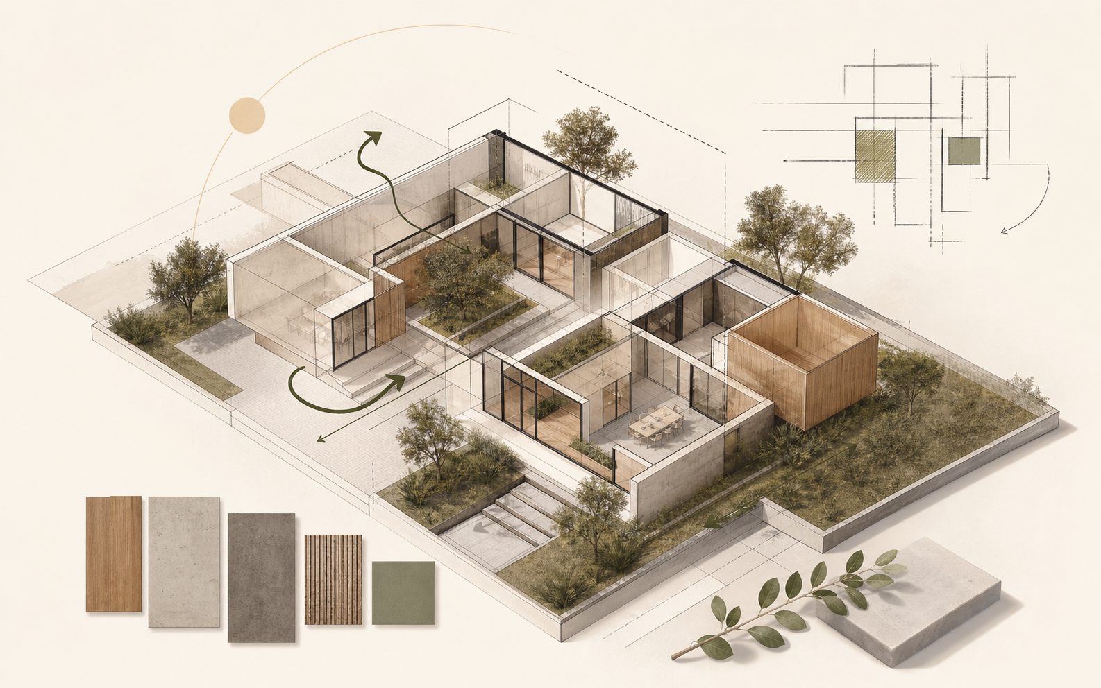 Estudo conceitual com maquete volumétrica, implantação e materiais de arquitetura