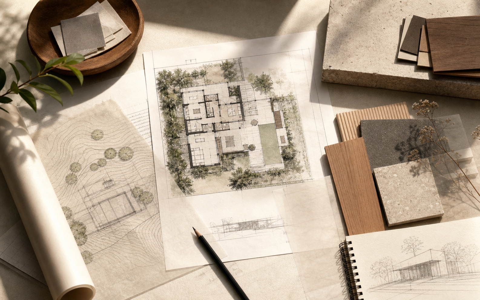 Mesa de briefing com planta arquitetônica, amostras de materiais e anotações de projeto