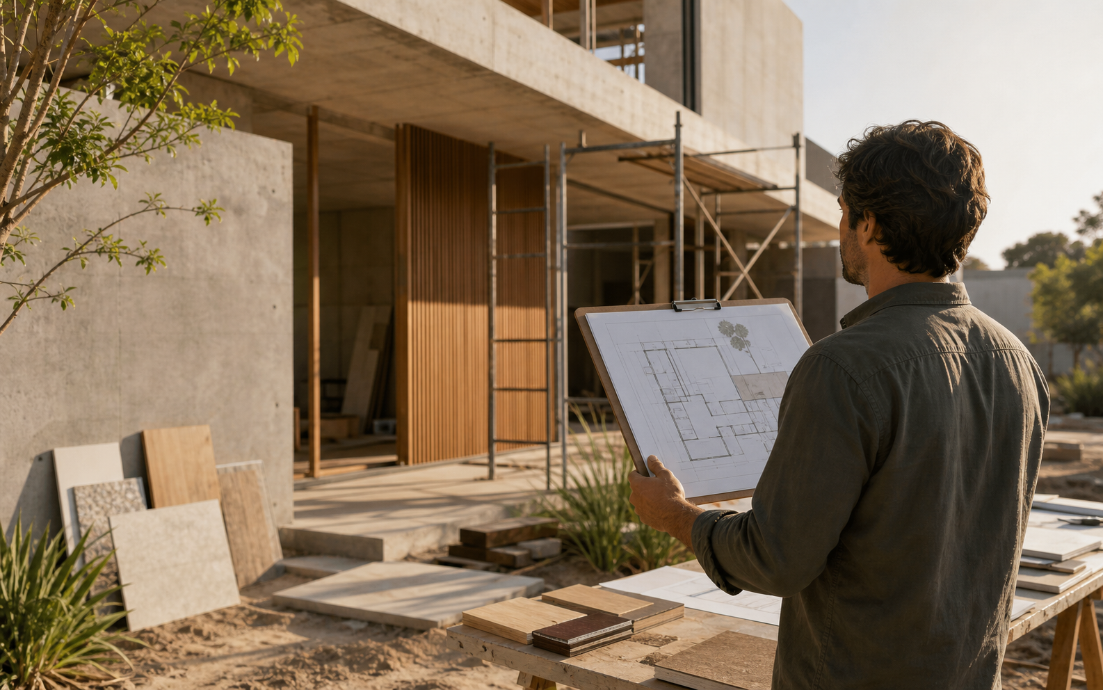 Orientação de obra em residência contemporânea com plantas e materiais no canteiro